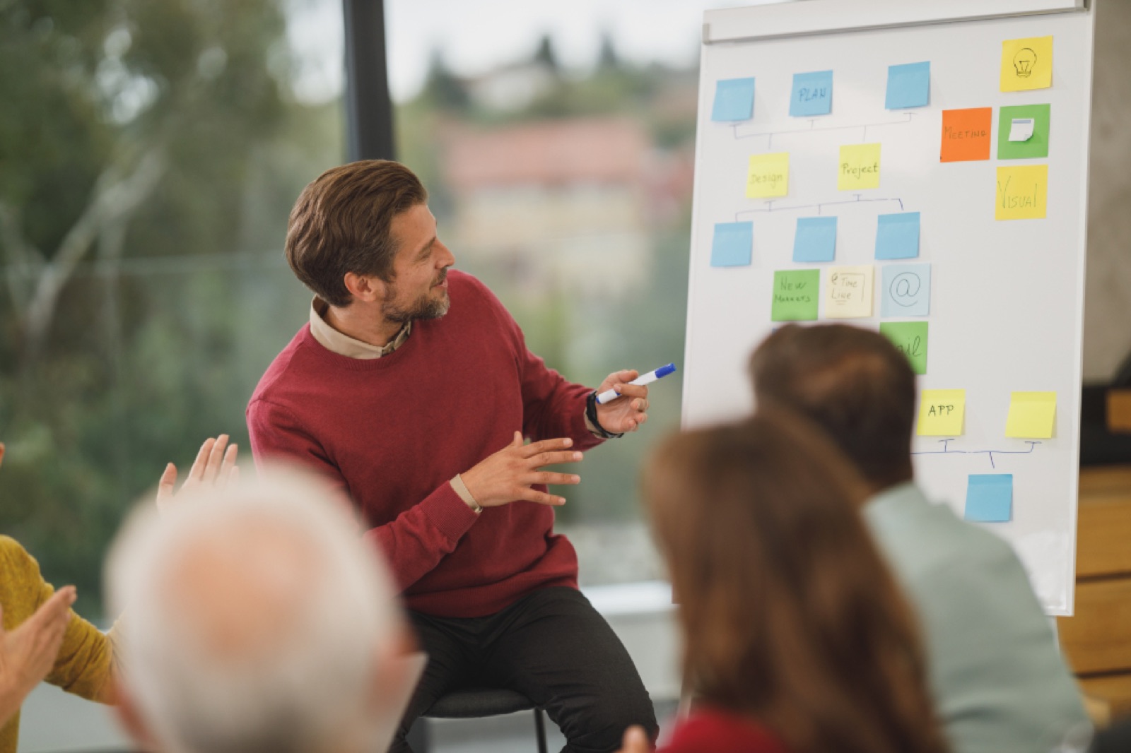 Presenter leading a team discussion beside a whiteboard covered in sticky notes