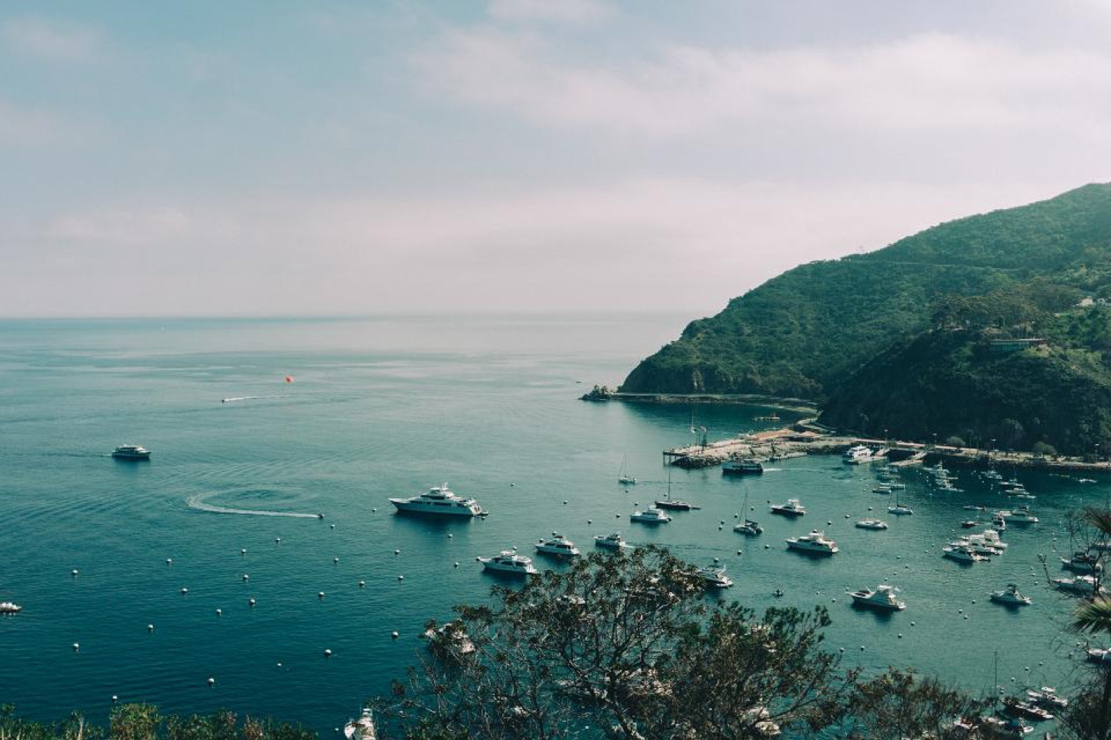 Boats anchored in a coastal harbor beside green hills