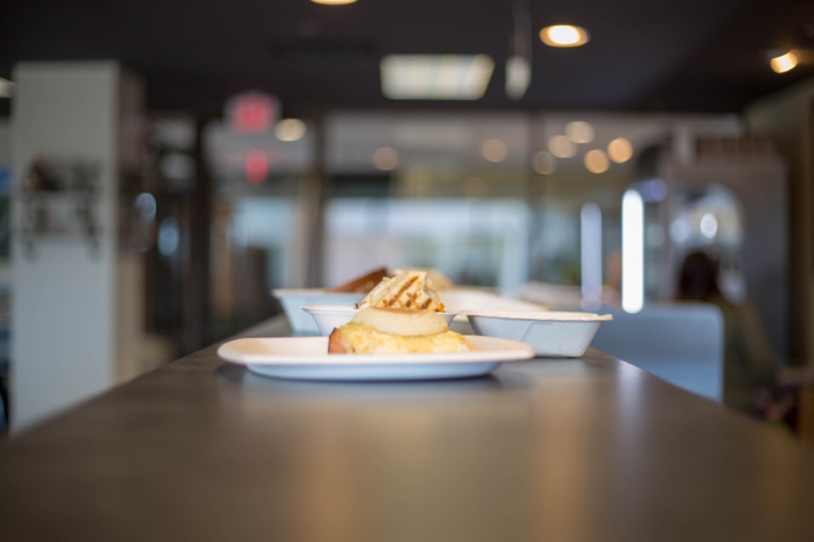 Plated food on a restaurant counter