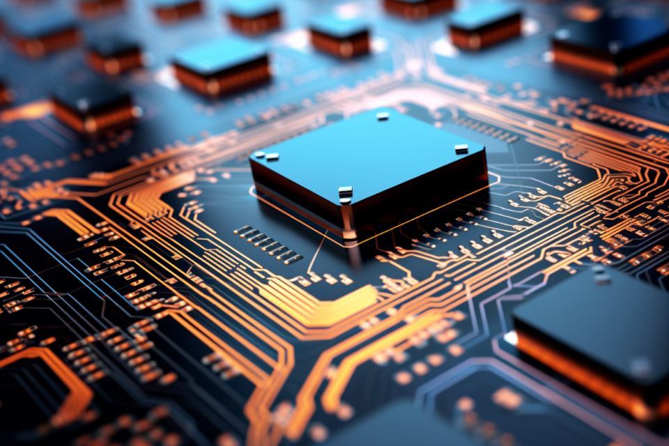 Close-up of computer chips on a circuit board with glowing copper traces